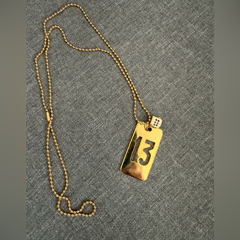 Custom made long gold Lucky 13 and Dice Die Charm Necklace Chain